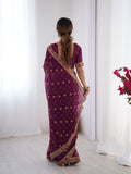 Wine Printed Georgette Saree Gold Embroidered Border