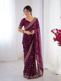 Wine Printed Georgette Saree Gold Embroidered Border