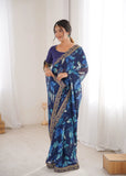 Blue Printed Georgette Saree with Gold Embroidered Border