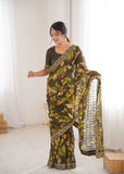 Mehendi Green Printed Georgette Saree | Gold Embroidered Border