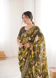 Mehendi Green Printed Georgette Saree | Gold Embroidered Border