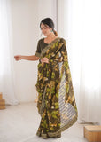 Mehendi Green Printed Georgette Saree | Gold Embroidered Border