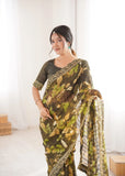Mehendi Green Printed Georgette Saree | Gold Embroidered Border