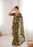 Mehendi Green Printed Georgette Saree | Gold Embroidered Border