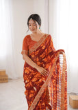 Orange Printed Georgette Saree | Gold Embroidered Border