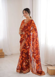 Orange Printed Georgette Saree | Gold Embroidered Border