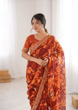 Orange Printed Georgette Saree | Gold Embroidered Border