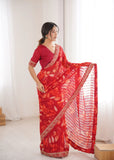 Red Printed Georgette Saree | Gold Embroidered Border