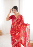 Red Printed Georgette Saree | Gold Embroidered Border