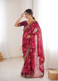 Wine Printed Georgette Saree | Gold Embroidered Border