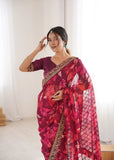 Wine Printed Georgette Saree | Gold Embroidered Border