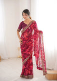 Wine Printed Georgette Saree | Gold Embroidered Border