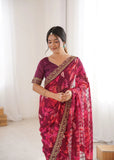 Wine Printed Georgette Saree | Gold Embroidered Border