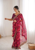 Wine Printed Georgette Saree | Gold Embroidered Border
