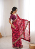 Wine Printed Georgette Saree | Gold Embroidered Border