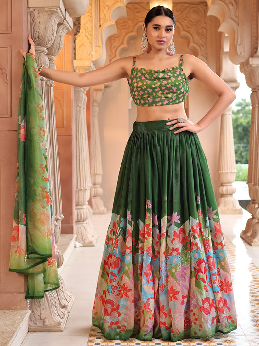 Viana Green Floral Lehenga Set with Embroidered Blouse & Dupatta