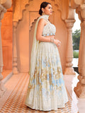 Ivory Gold Floral Lehenga Set with Mirror Work and Spaghetti Strap Blouse