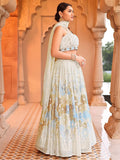 Ivory Gold Floral Lehenga Set with Mirror Work and Spaghetti Strap Blouse