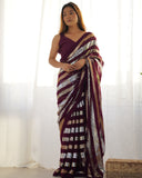 Wine Sequin Striped Saree Elegant Partywear Georgette Saree