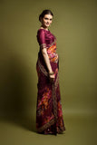 Wine Floral Georgette Saree with Golden Embroidered Border