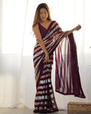 Wine Sequin Striped Saree Elegant Partywear Georgette Saree