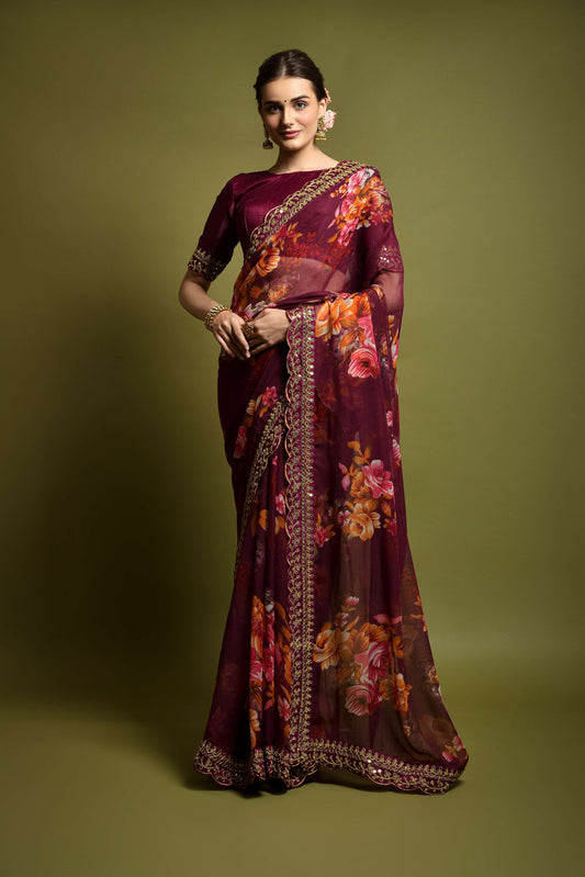 Wine Floral Georgette Saree with Golden Embroidered Border