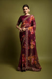 Wine Floral Georgette Saree with Golden Embroidered Border