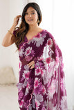 Wine Floral Printed Georgette Saree with Designer Blouse
