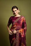 Wine Floral Georgette Saree with Golden Embroidered Border