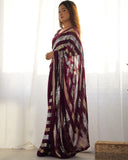 Wine Sequin Striped Saree Elegant Partywear Georgette Saree