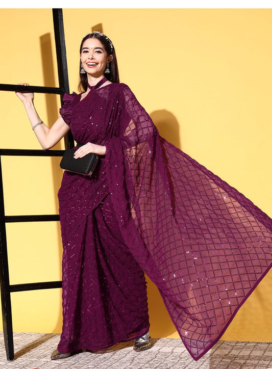 Wine Sequin Georgette Saree with Geometric Diamond Embroidery