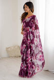 Wine Floral Printed Georgette Saree with Designer Blouse