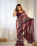 Wine Sequin Striped Saree Elegant Partywear Georgette Saree