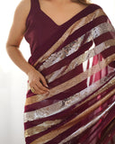 Wine Sequin Striped Saree Elegant Partywear Georgette Saree