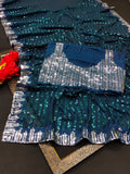 Royal Dusk Teal Blue Sequin Georgette Saree with Silver Lace Border