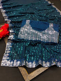 Royal Dusk Teal Blue Sequin Georgette Saree with Silver Lace Border