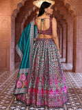 Teal & Magenta Heritage Print Lehenga Set