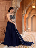Elegant Navy Blue Georgette Lehenga with Embroidered Bustier & Dupatta
