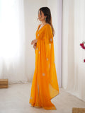 Star Yellow Georgette Saree with Silver Floral Embellishments and Gold Border