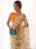 Yellow Printed Chiffon Saree with Orange Blouse, Lightweight Designer Saree, Party Wear Saree for Women, Elegant Ethnic Saree Set