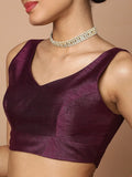 Purple V-Neck Sleeveless Readymade Saree Blouse in Silk Blend