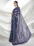 Petrol Blue Pleated Georgette Saree with Metallic Zigzag Weave Contemporary Partywear