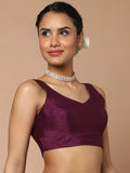 Purple V-Neck Sleeveless Readymade Saree Blouse in Silk Blend