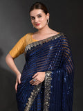 Royal Dusk Navy Blue Sequin Saree with Gold Border