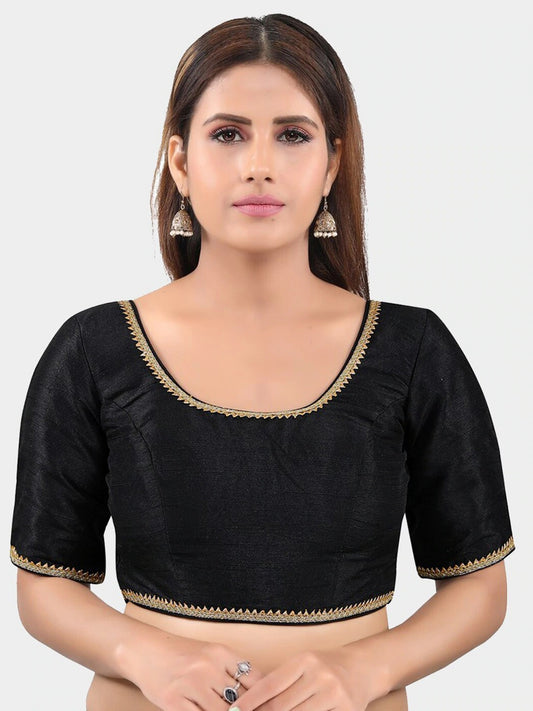 Black Elbow Sleeve Round Neck Readymade Saree Blouse with Golden Lace