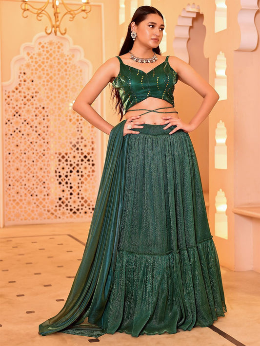 Emerald Green Mirror Work Indo-Western Lehenga Set