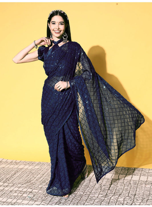 Navy Blue Sequin Georgette Saree with Geometric Diamond Embroidery