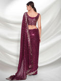 Solid Wine Sequin Georgette Saree with Gold Lace Border For Women
