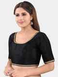 Black Elbow Sleeve Round Neck Readymade Saree Blouse with Golden Lace