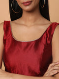 Maroon Sleeveless Square Neck Readymade Saree Blouse with Silver Lace